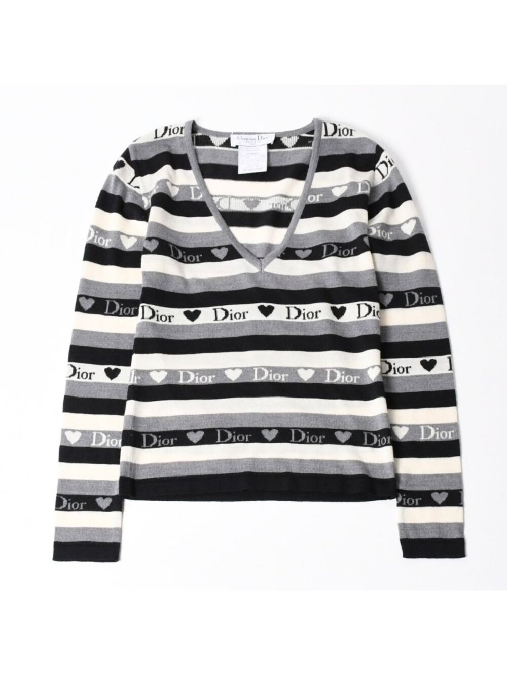Dior V-neck Long Sleeve Knit Gray Black White Sweater 38